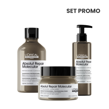 Set pentru par deteriorat L'Oréal Professionnel Serie Expert ABSOLUT REPAIR MOLECULAR (Sampon 300 ml + Masca 250 ml + Tratament 250 ml) - Abbate.ro