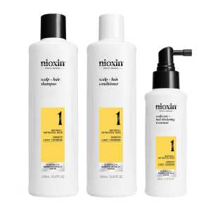 Set produse profesionale de par impotriva ruperii pentru par natural cu aspect usor subtiat Nioxin System 1 Scalp + Hair Kit, 150 ml + 150 ml + 50 ml